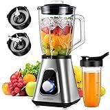 SHARDOR 1200W Blender for Shakes and Smoothies, Countertop Blender and Personal Blender Combo, 52oz Glass Jar, 22oz Travel Cup, 3 Adjustable Speed for Frozen Fruit Drinks, Smoothies, Sauces, Silver