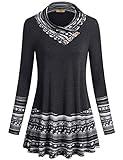 Miusey Plus Size Clothing, Womens Long Sleeve Dressy Tunic Shirts Casual Cowl Neck Pullover Sweater 2023 Fall Patchwork Printed Blouse Daily Wear Carbon Black Grey XXXL