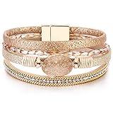 FANCY SHINY Boho Leather Wrap Bracelets Bohemian Crystal Bracelets Trendy Layered Bracelet with Magnetic Clasp Stackable Jewelry for Women (7.7", Gold)