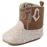 ESTAMICO Baby Girls Embroidery Western Cowgirl Boots Infant Sequin Leather Cowboy Booties Round Toe Ankle High Hook and Loop Shoes, Brown 3-6 Months