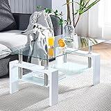 Living Room Rectangle Coffee Table, Tea Table Suitable for Waiting Room, Modern Side Coffee Table with Wooden Leg, Glass Tabletop with Lower Shelf, White 39.5 * 23.5 * 17.5