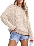 EVALESS Women's Casual Crewneck Sweaters Trendy Long Sleeve Color Block Sweater Tops Fall 2024 Chunky Cable Knit Pullover Sweaters Comfy Warm Loose Fit Clothes Beige Medium