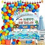 125 PCs Gone Fishing Party Decorations, Hombae Fishing Themed Birthday Decorations Lets Reel in The Fun Backdrop Balloon Garland Happy Birthday Banner Tablecloth Cake Cupcake Toppers