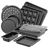 HONGBAKE Bakeware Sets, Baking Pans Set, Nonstick Oven Pan for Kitchen with Wider Grips, 10 Pieces Including Rack, Cookie Sheet, Cake Pans, Loaf Pan, Muffin Pan, Pizza Pan - Grey