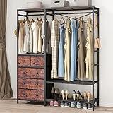 Auromie Clothes Rack with 5 Drawers & 4 Storage Shelves, 59.1W*70.9H Heavy Duty Clothing Rack with 2 Hanging Rods, Wardrobe Closet Organizer System with 5 Hooks, Freestanding Garment Rack (Rustic)