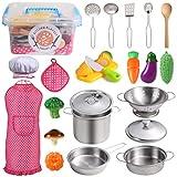 Juboury Kitchen Pretend Play Toys with Stainless Steel Cookware Pots and Pans Set, Cooking Utensils, Apron & Chef Hat, Cutting Vegetables for Kids, Girls, Boys, Toddlers