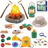 MITCIEN Camping Toys for Kids, Pretend Campfire, Lantern, Safari Hat, Binoculars, Bottle, Toy Food, S'Mores, Toddler Camping Play Set Indoor Outdoor Toys for Kids 3-5 and Up, Boys Girls Gift