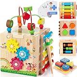 Bravmate Wooden Activity Cube, 8-in-1 Montessori Toys for 1-2 Year Old Boys & Girls, Multipurpose Educational Toy for 12M+ Baby Toddler, First Birthday Gift with Word Cards | Sorting & Stacking Board