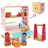 BR Play Wooden Dollhouse - Portable and Foldable Doll House with Little People Figurines & Dollhouse Accessories - Classic Preschool & Toddler Toy with Dollhouse Furniture & Pretend Swing Playset.