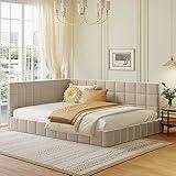 Aiuyesuo Full Size Velvet Upholstered Daybed Sofa Bed, Wooden Daybed Sofa Bed Frame with Headboard and Sideboard for Kids Room, Bedroom, Living Room, Lattice Styling Design (Beige-JZ1)