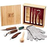 Elemental Tools 9pc Wood Carving Tools Set - Hook Carving Knife, Whittling Knife, Detail Wood Carving Knife For Spoon, Bowl, Kuksa Cup Or General Woodwork - Bonus Cut Resistant Gloves And Bamboo Box