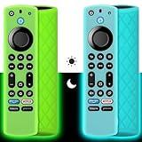 Pinowu Silicone Remote Case (2pcs, Glow in The Dark) for Firestick 4K Max/Toshiba/Insignia/Pioneer/Omni (QLED) Series Alexa Voice Remote Enhanced w/Lanyard (Green + Turquoise)