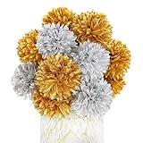 Louiesya 20Pcs Gold Silver Artificial Chrysanthemum Flower Balls Silk Fake Flowers for Indoor Outdoor Decor Wedding Spring New Year Home Kitchen Party Decorations