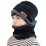 XYIYI Kids Winter Knit Hat and Scarf Set, 2Pcs Warm Fleece Lining Beanie Cap and Scarf for 5-14 Year Old Boys Girls (Black)