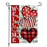 CROWNED BEAUTY Valentines Day Garden Flag 12x18 Inch Double Sided for Outside Small Welcome Burlap Red Hearts Eucalyptus Holiday Yard Decoration