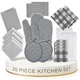 LANE LINEN Kitchen Towels and Dishcloths Sets - 20 Pc Kitchen Essentials for New Home, Heat Resistant Oven Mitts & Pot Holder, Absorbent Flour Sack Dish Towels- Grey