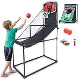 GoSports 2 in 1 Basketball Hoop & Football Toss Target Arcade Game - Indoor & Outdoor Toy Hoop for Kids Ages 3-6 - Includes 2 Basketballs, 2 Footballs, and Pump