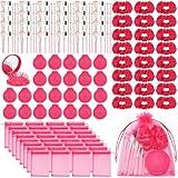 SiliFine Pink Girl Party Favors Girl Makeup Party Favor Party Supplies Set Includes Pink Gauze Bags, Hair Scrunchies, Foldable Mirror Hair Brushes, Makeup Brushes Toys(48 Pcs)