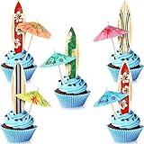 Leinuosen 96 Pcs Summer Beach Cake Decorations Included 48 Surfboard Cupcake Toppers and 48 Cocktail Umbrella Picks for Birthday Party Tropical Beach Cupcake Topper Party Supplies