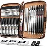 Nicpro 45PCS Black & Silver Metal Mechanical Pencil Set in Leather Case, Art Drafting Pencil 0.5, 0.7, 0.9 mm, 2mm Lead Holders for Sketching Drawing With 27 Tube (6B 4B 2B HB 2H 4H Colors)Lead Refill