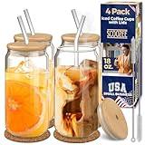 Scoozee Iced Coffee Cups with Lids [4 Pcs-18Oz] Beer Glasses with Bamboo Lids & Glass Straws, White Elephant Gifts, Glass Cups with Lids & Straws, Coffee Glass Tumbler, Housewarming Gifts New Home