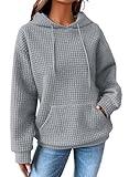 SHEWIN Womens Fall Fashion 2024 Casual Long Sleeve Drawstring Solid Waffle Hoodies Pullover Sweatshirts Loose Fit Fall Sweatshirt for Women,US 12-14(L),Grey