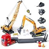 Construction Toys for Boys, Kids Excavator Crane Toy Construction Trucks Semi Tractor Toys Trailer Lowboy, Toy Trucks for Toddler, Gift for Ages 3 and Up Children Ideal Birthday Party Favor Playset