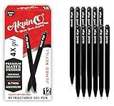 AKVINQ® 4X Gel Retractable Gel Pen | 0.7mm Medium Point | Black Gel Ink | Pack of 12 Pens | Premium Matte Finish | Jumbo Refill - For Journaling, Writing, Note-Taking, Office Supplies
