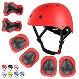 WayEee Kids Bike Helmet Set Skateboard Knee Pads, 7PCS Protective Gear Adjustable for Girls Boys 3-10 Age Elbow Pads Wrist Guards for Outdoor Sports Cycling Bike Roller Skating Scooter, Youth, Red