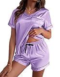 Ekouaer Silk Pajama for Women Short Sleeve Satin Pj Set Two Piece Soft Sleepwear Loungewear Casual Pjs for Summer Lavender Medium