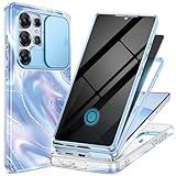 GVIEWIN for Samsung Galaxy S25 Ultra Case, [Slide Camera Cover & Built-in Anti-Spy Privacy Screen Protector] [2 Front Frame] Shockproof Military Grade Marble Phone Case 6.9" (Aurora/Azure Blue)