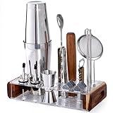 Mixology Bartender Kit with Stand - 15 Piece Bar Tool Set, Silver Bar Set Cocktail Shaker Set for Drink Mixing - Includes Martini Shaker, Jigger, Strainer, Bar Mixer Spoon, Tongs, Opener | Gift Idea