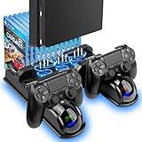 PS4 Stand Cooling Fan Station for Playstation 4/PS4 Slim/PS4 Pro, PS4 Vertical Stand with Dual Controller Port Charger Dock Station, 12 Game Slots, USB Fast Charging Station with LED Indicator