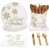 Juvale 144 Piece Merry Christmas Party Plates, Napkins, Cups, Cutlery, Gold Snowflakes Design (Serves 24)