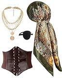 Kasahara Pirate Costume Accessories Set for Women: Pirate Head Scarf, Corset, Belt, Eye Patch - Brown