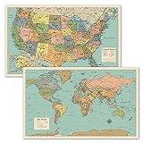 2 Pack - World Map Poster & USA Map Chart [Tan/Color] (LAMINATED, 18” x 29”)