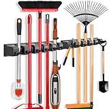 IMILLET 2 Pack Mop and Broom Holder, Wall Mounted Organizer Mop and Broom Storage Tool Rack with 5 Ball Slots and 6 Hooks (Black)