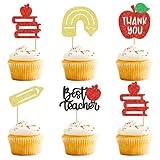 Ercadio 30PCS Teachers's Day Cupcake Toppers Glitter Best Teacher Cake Picks Thank You Apple Pencil Stationery for Baby Shower Birthday Anniversary Thanksgiving Day Party Cake Decoration