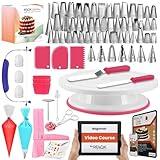 RFAQK 200PCs Cake Decorating Kit for Beginners with Turntable for Decoration - Piping Bags and Tips Set (110+55), Straight & Offset Spatula, Leveler, Video Course, Pattern Chart & More Baking Supplies