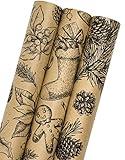 MAYPLUSS Kraft Christmas Wrapping Paper Roll - 3 Mini Roll -17in x120in Per roll,Kraft Vintage Wrapping Paper,Rustic Print for Party,Birthday,Baby Shower,Natural Paper Roll Design (42.3 sqft)