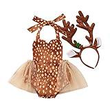 Toddler Girls Elk My First Christmas Halloween Costumes Cosplay Outfit W/Reindeer Hairband Fairy Tale Fancy Dress Up Gown for Birthday Party Princess Clothes Set Yellow 3-6 Months