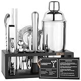 Mixology Bartender Kit with Stand - 15 Piece Bar Tool Set, Silver Bar Set Cocktail Shaker Set for Drink Mixing - Includes Martini Shaker, Jigger, Strainer, Bar Mixer Spoon, Tongs, Opener | Gift Idea