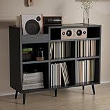 Record Storage Cabinet, Turntable Shelf with Vinyl Storage up to 500 Albums, Vinyl Record Player Shelf with Power Outlet Sideboard Buffet Cabinet with Storage Accent Cabinets for Living Room (Black)