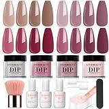 Dip Nails Powder Starter Kit, AZUREBEAUTY 4 Colors Intellectual lady Brown Purple Dipping Powder Set with Base & Top Coat Activator Recycling Tray for French Nail Art Manicure Salon DIY at Home