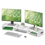 BONTEC Dual Monitor Stand Riser with Smartphone Holder, Adjustable Length & Swivel Angle, Ergonomic Wooden Desktop Organizer for PC Monitor, Laptop, Printer, Large Storage, White