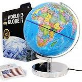 SMART WALLABY 9" Illuminated Educational Kids World Globe + STEM Flags & Countries Interactive Card Game. 3 in 1 Children Desktop Spinning Earth Political & Constellation Maps, LED Night Light Lamp