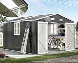 AMERLIFE 10x12x7 FT Galvanized Steel Storage Shed with 2 4-Pane Windows Hinged Double Doors, Outdoor Shed for Backyard, Garden, Patio, Dark Grey/White