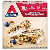 Atkins Blueberry Greek Yogurt Protein Meal Bar, High Fiber, 15g Protein, 3g Sugar, 5g Net Carbs, Meal Replacement, Keto Friendly, 5 Count