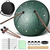 CAHAYA Steel Tongue Drum 12-Inch: 13 Notes Steel Percussion Hand Drum with Music Score Drum Mallets Finger Paddles and Carry Bag for Meditation Entertainment Musical Education Sage Green CY00374-1