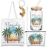 Chuangdi 4 Pcs Florida Travel Gifts Set Canvas Bag Cosmetic bag 16 oz Tumbler and Keychain Florida City Souvenirs Gifts for Traveler Friend Lover Sister